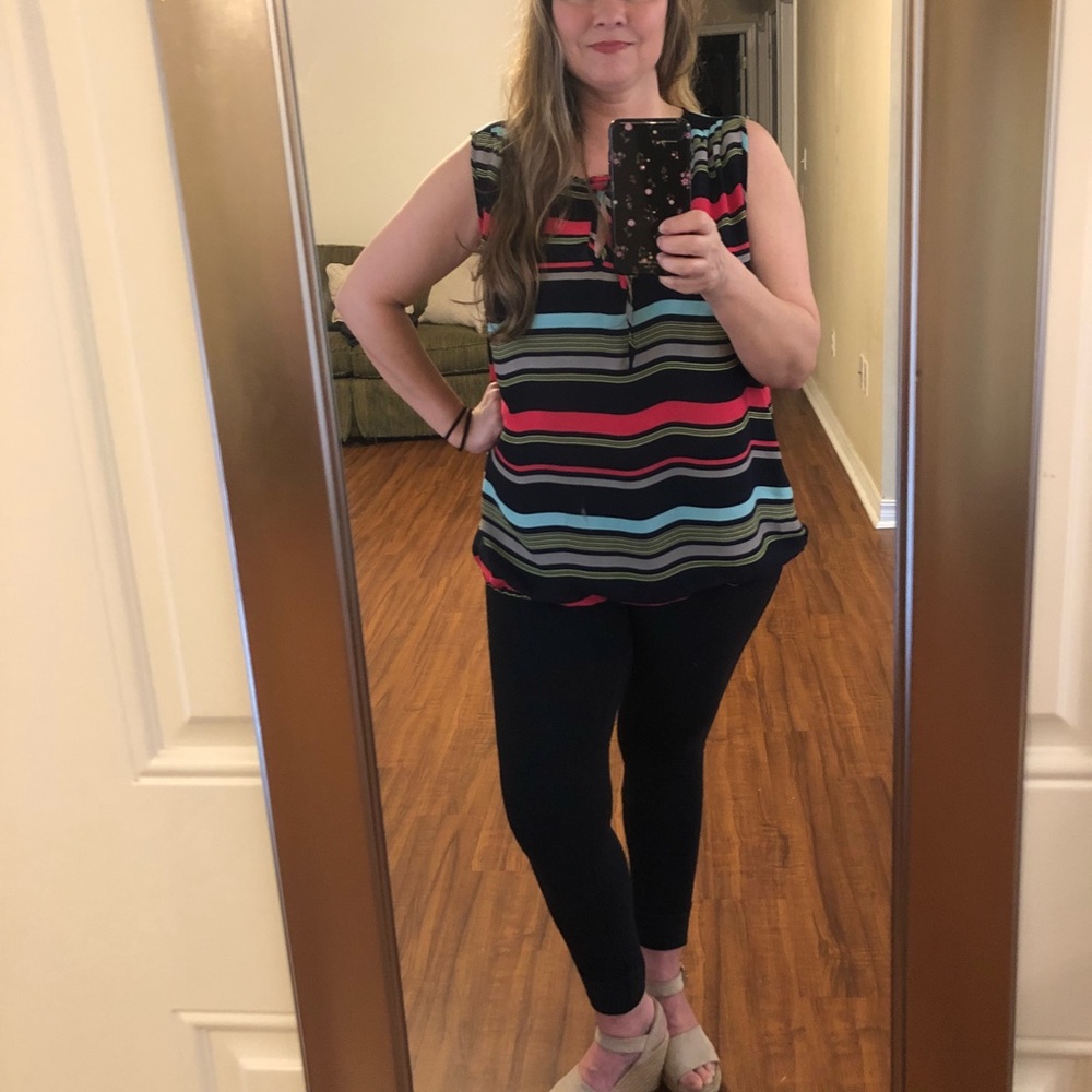 Ann Taylor Black with spring colored  striped tank